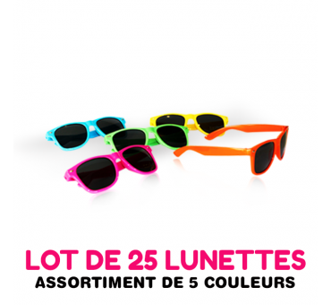 25 lunettes de soleil, assortiment de 5 couleurs