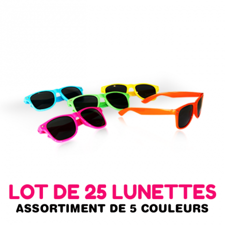 25 lunettes de soleil, assortiment de 5 couleurs